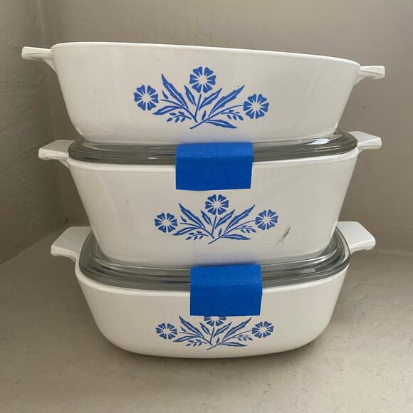 Corningware Other - Vintage Set of 3 CorningWare Blue Cornflower 1 Qt Casserole Dishes Glass Lids
